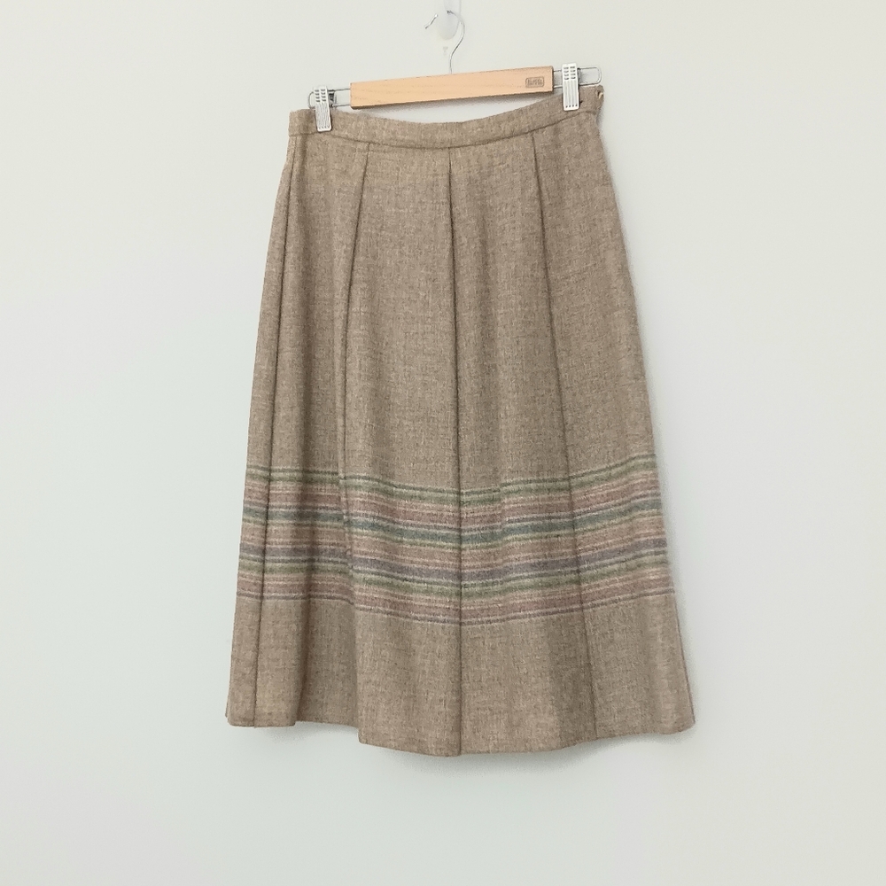 Mairi Macintyre Wool Skirt Size 8* Midi A-Line Pleated Skirt Tan Pastel Stripes